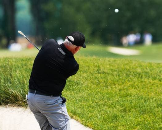 June 8, 2025, Madison, Wisconsin, USA: DARREN CLARKE of the Bahamas blasts his ball out of a bunker on the sixth hole during the final round of the 2025 American Family Insurance Championship at TPC Wisconsin in Madison, Wis. Madison USA - ZUMAb262 20250608_znp_b262_041 Copyright: xJeffxM.xBrownx