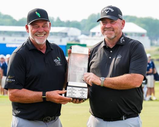 June 8, 2025, Madison, Wisconsin, USA: DARREN CLARKE of the Bahamas (left) and THOMAS BJORN (right) of Denmark lift the trophy after winning the 2025 American Family Insurance Championship during the final round of the 2025 American Family Insurance Championship at TPC Wisconsin in Madison, Wis. Madison USA - ZUMAb262 20250608_znp_b262_048 Copyright: xJeffxM.xBrownx
