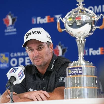 RBC Canadian Open 2025 - Final Round CALEDON, CANADA - JUNE 8 : Ryan Fox of New Zealand speaks to media with the Canadian Open trophy after winning the RBC Canadian Open 2025 at TPC Toronto at Osprey Valley in Caledon, Ontario, Canada on June 8, 2025. Mert Alper Dervis Anadolu Ontario Canada. Editorial use only. Please get in touch for any other usage.  Copyright: x2025xAnadoluxMertxAlperxDervisx