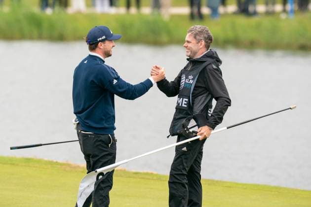 2025-06-08 KLM OPEN 2025 AMSTERDAM, THE NETHERLANDS - JUNE 8: Connor Syme of Scotland winner of the KLM Open 2025 met zijn caddy Ryan McGuigan during Round 4 of the KLM Open 2025, DP World Tour at The International on June 8, 2025 in Amsterdam, The Netherlands. Amsterdam The International The Netherlands Content not available for redistribution in The Netherlands directly or indirectly through any third parties. Copyright: xHenkxSeppenx