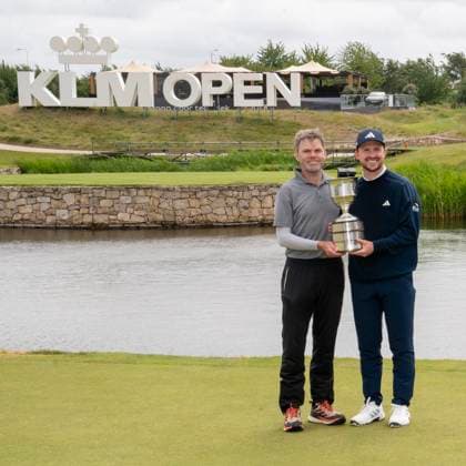 2025-06-08 KLM OPEN 2025 AMSTERDAM, THE NETHERLANDS - JUNE 8: Connor Syme of Scotland winner of the KLM Open 2025 met zijn caddy Ryan McGuigan during Round 4 of the KLM Open 2025, DP World Tour at The International on June 8, 2025 in Amsterdam, The Netherlands. Amsterdam The International The Netherlands Content not available for redistribution in The Netherlands directly or indirectly through any third parties. Copyright: xHenkxSeppenx
