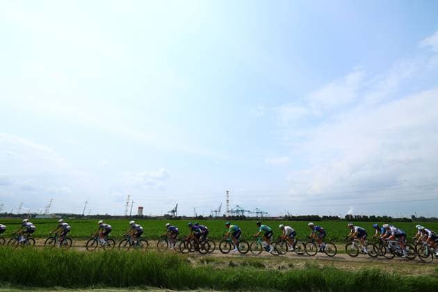 Polish Filip Maciejuk of RedBull-BORA-hansgrohe, Belgian Tuur Dens of Team Flanders Baloise and French Valentin Retailleau of TotalEnergies pictured in action during the Antwerp Port Epic men s elite one day cycling race, 182 km in and around Antwerp, second race (2 8) in the Lotto Belgium Cup, Monday 09 June 2025. DAVIDxPINTENS  x126521007x
