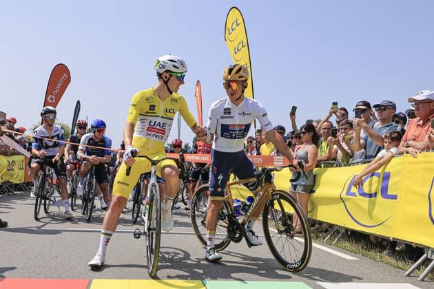 Tadej Pogacar, UAE Team Emirates - XRG, EVENEPOEL Remco Soudal Quick-Step, during the Criterium du Dauphine, Premilhat, Issoire - 06 09 2025 - Stage 2 - 204,6 km during Criterium du Dauphine 2025 - Stage 2, Street Cycling race in France, France, June 09 2025  Copyright: xStefanoxCavasino IPAxSportx xipa-agency.netx xx IPA_58824091 IPA_Agency_IPA58824091
