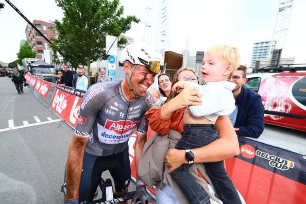 Belgian Timo Kielich of Alpecin-Deceuninck celebrates after winning the Antwerp Port Epic men s elite one day cycling race, 182 km in and around Antwerp, second race (2 8) in the Lotto Belgium Cup, Monday 09 June 2025. DAVIDxPINTENS  x126529585x
