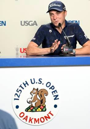 Justin Thomas answer questions from the media at the USGA 125 U.S. Open Championship at the Oakmont Country Club in Oakmont Pennsylvania near Pittsburgh during practice rounds on Monday, June 9, 2025.  PIT2025060909 ArchiexCarpenter