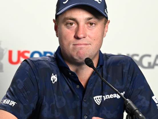 Justin Thomas answer questions from the media at the USGA 125 U.S. Open Championship at the Oakmont Country Club in Oakmont Pennsylvania near Pittsburgh during practice rounds on Monday, June 9, 2025.  PIT2025060910 ArchiexCarpenter
