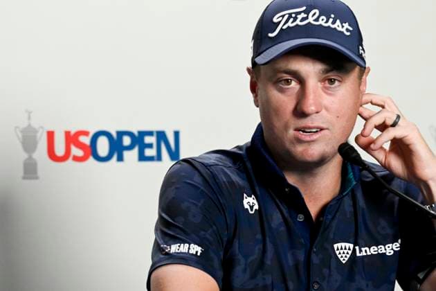 Justin Thomas answer questions from the media at the USGA 125 U.S. Open Championship at the Oakmont Country Club in Oakmont Pennsylvania near Pittsburgh during practice rounds on Monday, June 9, 2025.  PIT2025060911 ArchiexCarpenter