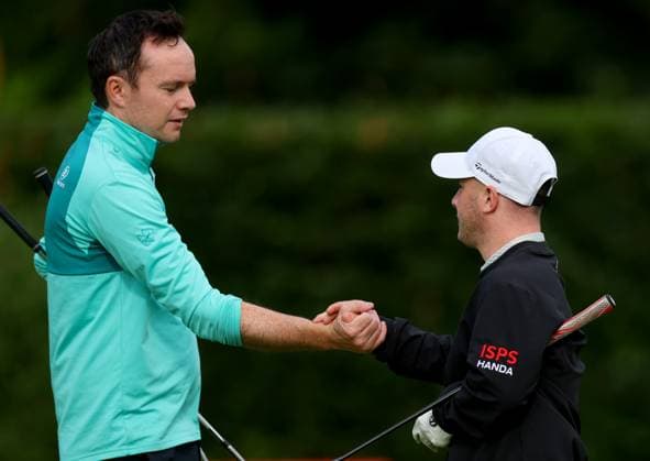 REPRO FREE *PRESS RELEASE NO REPRODUCTION FEE* EDITORIAL USE ONLY Golf Ireland ISPS Handa Irish G4D Open, Roganstown, Dublin 10 6 2025 Paul O™Kelly and Brendan Lawlor on the puttiing green Paul O™Kelly and Brendan Lawlor on the puttiing green 10 6 2025  Copyright: x INPHO JamesxCrombiex JCR16604