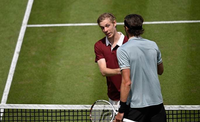 Denis Shapolov CAN congratulates Arthur Rinderknech FRA on winning the match Gesture Gesture Tennis Men BOSS Open ATP 250 Stuttgart 2025 Weissenhof BOSS Open ATP 250 Stuttgart 2025