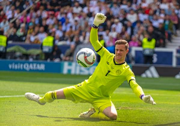 08 06 2025, Football UEFA Nations League 2024 25, Match for 3rd place, Germany France, in the MHP Arena Stuttgart, Goalkeeper Marc Andre ter Stegen Germany defends the ball