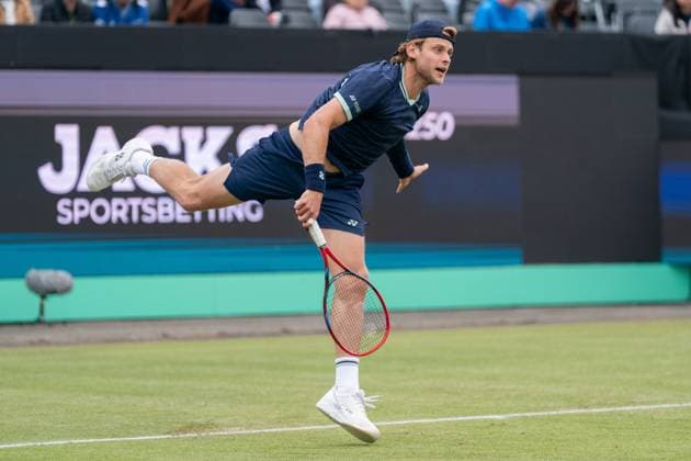 2025-06-10 2025 Libema Open Grass Court Championships Autotron ROSMALEN, NETHERLANDS - JUNE 10: Zizou Bergs of Belgium during the 2025 Libema Open Grass Court Championships at Autotron on June 10, 2025 in Rosmalen, Netherlands. Rosmalen Autotron Netherlands Content not available for redistribution in The Netherlands directly or indirectly through any third parties. Copyright: xMarleenxFouchierx