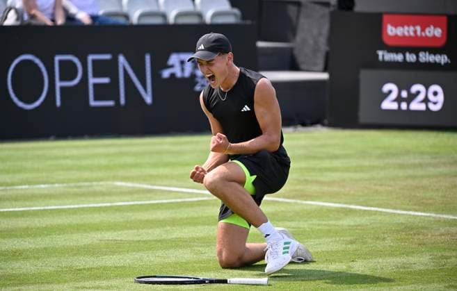 Justin Engel GER jubilation, joy, emotion, emotional, cheers, happiness, happy, after match win gesture tennis men BOSS Open ATP 250 Stuttgart 2025 Weissenhof BOSS Open ATP 250 Stuttgart 2025