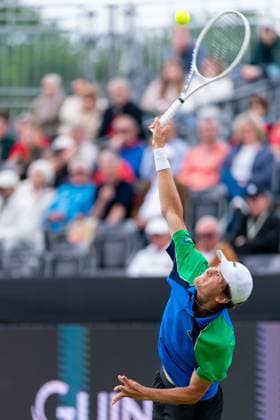 2025-06-10 2025 Libema Open Grass Court Championships ROSMALEN, NETHERLANDS - JUNE 10: Alexander Blockx of Belgium in action during Day Two of 2025 Libema Open Grass Court Championships at Autotron on June 10, 2025 in Rosmalen, Netherlands. Rosmalen Autotron Netherlands Content not available for redistribution in The Netherlands directly or indirectly through any third parties. Copyright: xJorisxVerwijstx