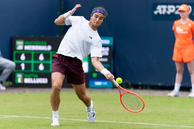2025-06-10 2025 Libema Open Grass Court Championships ROSMALEN, NETHERLANDS - JUNE 10: Mattia Bellucci of Italy in action during Day Two of 2025 Libema Open Grass Court Championships at Autotron on June 10, 2025 in Rosmalen, Netherlands. Rosmalen Autotron Netherlands Content not available for redistribution in The Netherlands directly or indirectly through any third parties. Copyright: xJorisxVerwijstx