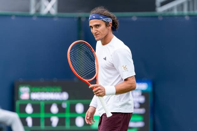 2025-06-10 2025 Libema Open Grass Court Championships ROSMALEN, NETHERLANDS - JUNE 10: Mattia Bellucci of Italy reacts during Day Two of 2025 Libema Open Grass Court Championships at Autotron on June 10, 2025 in Rosmalen, Netherlands. Rosmalen Autotron Netherlands Content not available for redistribution in The Netherlands directly or indirectly through any third parties. Copyright: xJorisxVerwijstx