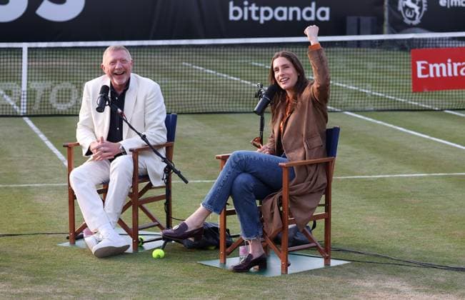BAU Stuttgart Tennis , BOSS Open, f l Boris Becker and Andrea Petkovic at the podcast on the grass