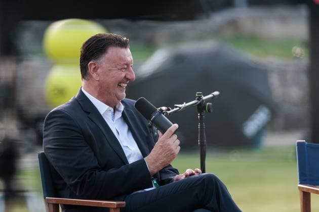 BOSS OPEN ATP250 10 06 2025 Edwin Weindorfer Tournament Director BOSS Open laughing during the live recording of the Boris Becker Andrea Petrovic Podcast BOSS OPEN ATP250 Stuttgart, Tennisclub Weissenhof on 10 06 2025 Copyright: xBEAUTIFULxSPORTS Wunderlx