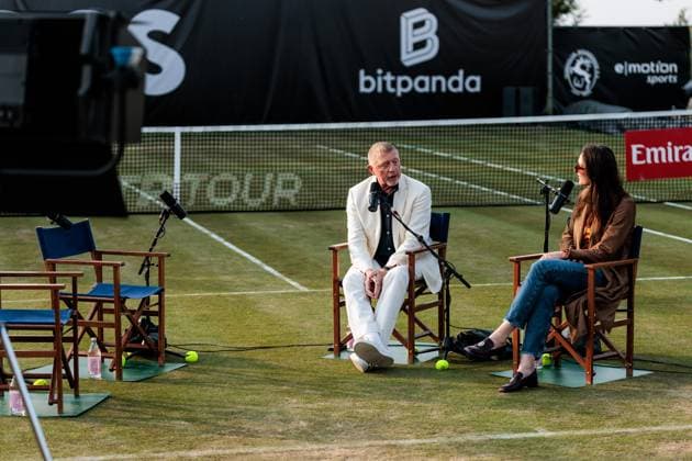BOSS OPEN ATP250 10 06 2025 Boris Becker and Andrea Petrovic during the live recording of the Boris Becker Andrea Petrovic Podcast BOSS OPEN ATP250 Stuttgart, Tennisclub Weissenhof on 10 06 2025 Copyright: xBEAUTIFULxSPORTS Wunderlx