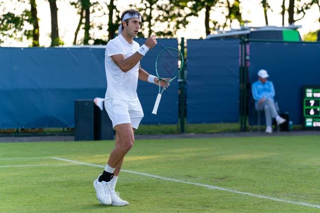 2025-06-10 2025 Libema Open Grass Court Championships ROSMALEN, NETHERLANDS - JUNE 10: Otto Virtanen of Finland reacts during Day Two of 2025 Libema Open Grass Court Championships at Autotron on June 10, 2025 in Rosmalen, Netherlands. Rosmalen Autotron Netherlands Content not available for redistribution in The Netherlands directly or indirectly through any third parties. Copyright: xJorisxVerwijstx