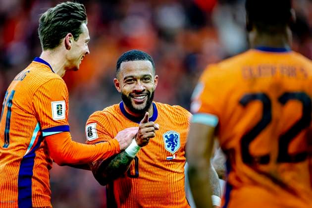 Netherlands forwarder Memphis Depay celebrating the goal during the match Netherlands Malta at the Euroborg Stadium for the European Qualification Group G season 2025 2026 in GRONINGEN, Netherlands on 10 june 2025, photo by Marcel van Dorst EYE4images DeFodi Images