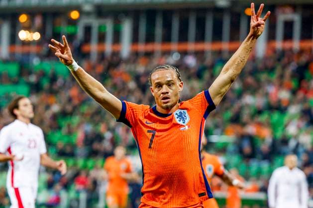 Xavi Simons of the Netherlands celebrates after scoring his teams fourth goal Netherlands v Malta, , Netherlands and Malta, Euroborg, June 10, 2025, Groningen, Netherlands.