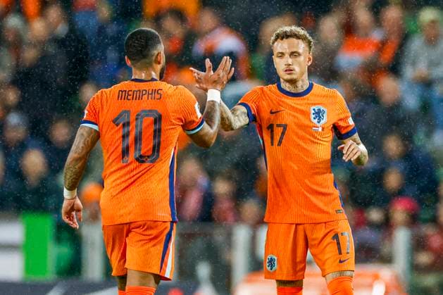 Noa Lang of the Netherlands and Memphis Depay of the Netherlands looks on Netherlands v Malta, , Netherlands and Malta, Euroborg, June 10, 2025, Groningen, Netherlands.
