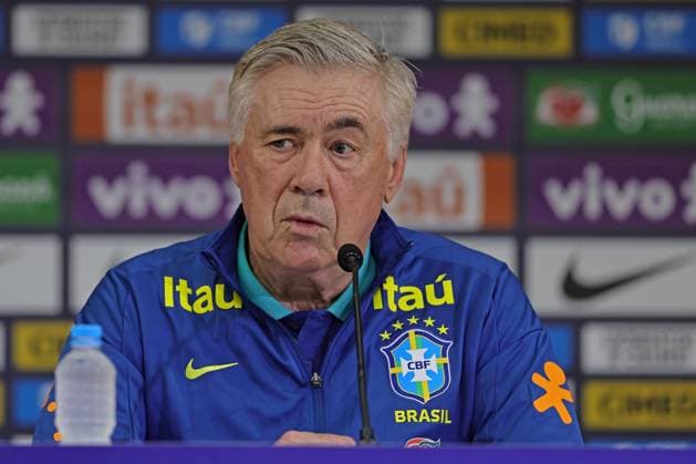 9th June 2025: Sao Paulo, Brazil: Carlo Ancelotti head coach of Brazil national team, Nationalteam speaks during press conference, PK, Pressekonferenz the team is preparing to face Paraguay tomorrow the 10th, for the 16st round of the FIFA 2026 qualifiers, at Arena Corinthians Stadium  ActionPlus12800158 HeulerxAndrey