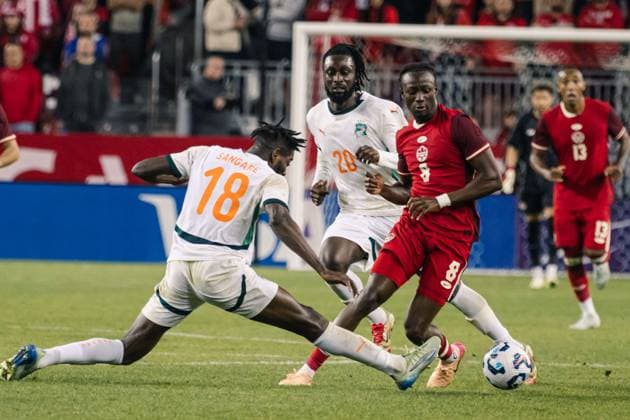 Toronto, Ontario, Canada, Jun 10th 2025 IsmaÃ«l KonÃ (8 Canada) and Ibrahim Sangare (18 Ivory Coast) in action during the Canadian Shield International Friendly, Länderspiel, Nationalmannschaft game between Canada and Ivory Coast at BMO Field in Toronto, Canada (EDITORIAL USAGE ONLY). (Curtis Wong SPP) Copyright: xCurtisxWongx xSPPx spp-en-CuWoSp-2025-06-10 Canada v Ivory Coast-51