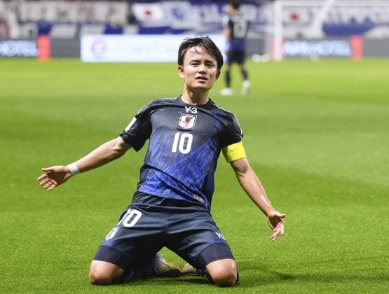 Football: Indonesia vs. Japan Takefusa Kubo of Japan celebrates after scoring the team s second goal during the first half of a football World Cup Asian qualifier against Indonesia at Panasonic Stadium in Suita, Osaka Prefecture, on June 10, 2025.  A14AA0004648137P