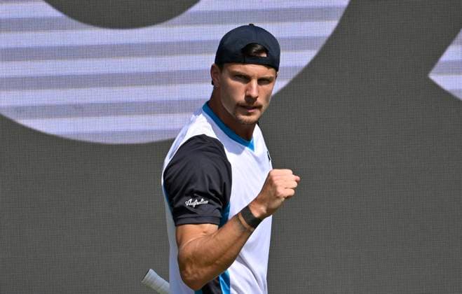 Marton Fucsovics HUN jubilation, joy, emotion, emotional, cheers, happiness, happy, tennis men BOSS Open ATP 250 Stuttgart 2025 Weissenhof BOSS Open ATP 250 Stuttgart 2025