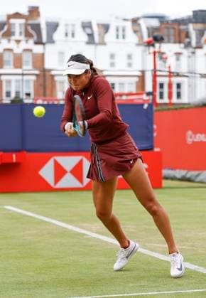 11th June 2025; HSBC Championships, Queen s Club, West Kensington, London, England: HSBC Womens Championships queens Club, Day 3, Emma Raducanu (GBR) returns serve from Erin Routliffe (AUS) during the loss in the doubles match against number 1 seeds Lyudmyla Kichenok and Erin Routliffe  ActionPlus12800265 HongboxChen