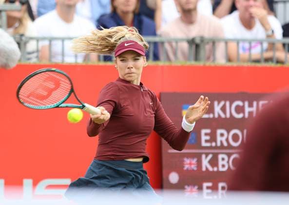 11th June 2025; HSBC Championships, Queen s Club, West Kensington, London, England: HSBC Womens Championships queens Club, Day 3; Katie Boulter (GBR) plays a bakchand shot against Lyudmyla Kichenok (UKR)  ActionPlus12800284 HongboxChen