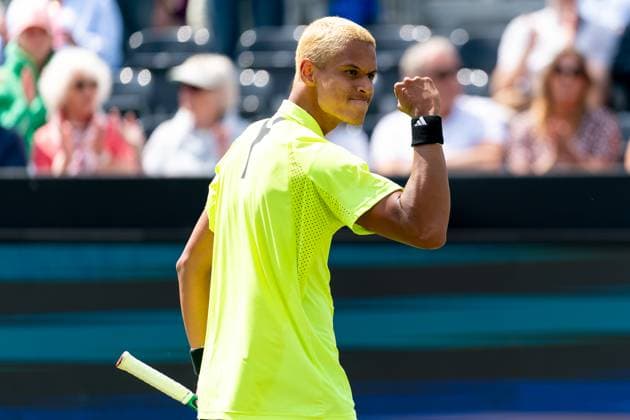 2025-06-11 2025 Libema Open Grass Court Championships ROSMALEN, NETHERLANDS - JUNE 11: Gabriel Diallo of Canada celebrates during Day Three of 2025 Libema Open Grass Court Championships at Autotron on June 11, 2025 in Rosmalen, Netherlands. Rosmalen Autotron Netherlands Content not available for redistribution in The Netherlands directly or indirectly through any third parties. Copyright: xJorisxVerwijstx