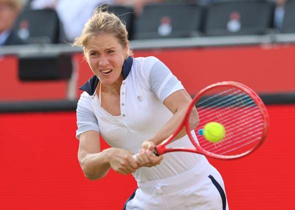 11th June 2025; HSBC Championships, Queen s Club, West Kensington, London, England: HSBC Womens Championships Queens Club, Day 3; Anastasia Zakharova plays a backhand shot against Madison Keys (USA)  ActionPlus12800315 HongboxChen