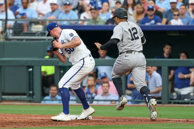 June 11, 2025: Kansas City Royals starting pitcher Kris Bubic (50) makes the out at first base on New York Yankees center fielder Trent Grisham (12) during the second inning at Kauffman Stadium in Kansas City, MO. CSM Kansas City United States of America - ZUMAc04_ 20250611_zma_c04_024 Copyright: xDavidxSmithx