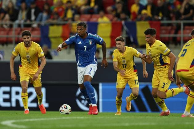 Umit Akdag (Romania U21, U 21 Cher Ndour (Italy U21) Marius Corbu (Romania U21)Cristian Ignat (Romania U21) during the UEFA Under 21 Slovakia 2025 match between Italy U21 1-0 Romania U21 at Malatinsky Stadium Stadium on June 11, 2025 in Trnava, Slovakia. Noxthirdxpartyxsales  (294654606)
