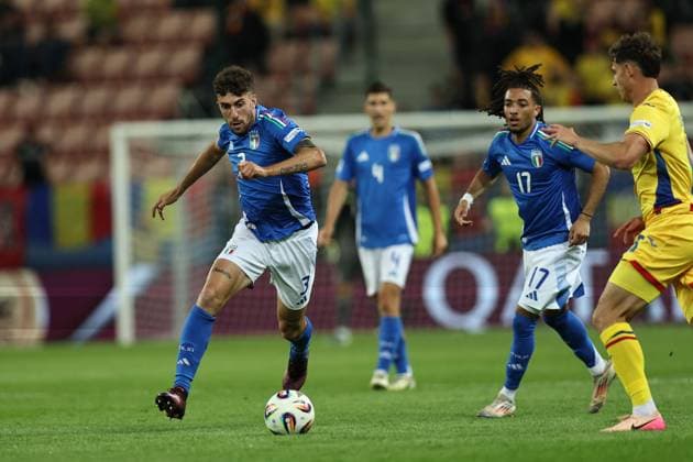 Matteo Ruggeri (Italy U21, U 21 Matei Ilie (Romania U21) during the UEFA Under 21 Slovakia 2025 match between Italy U21 1-0 Romania U21 at Malatinsky Stadium Stadium on June 11, 2025 in Trnava, Slovakia. Noxthirdxpartyxsales  (294654743)