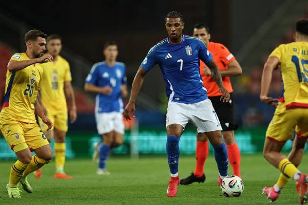Cher Ndour (Italy U21, U 21 Ovidiu Perianu (Romania U21) during the UEFA Under 21 Slovakia 2025 match between Italy U21 1-0 Romania U21 at Malatinsky Stadium Stadium on June 11, 2025 in Trnava, Slovakia. Noxthirdxpartyxsales  (294654789)