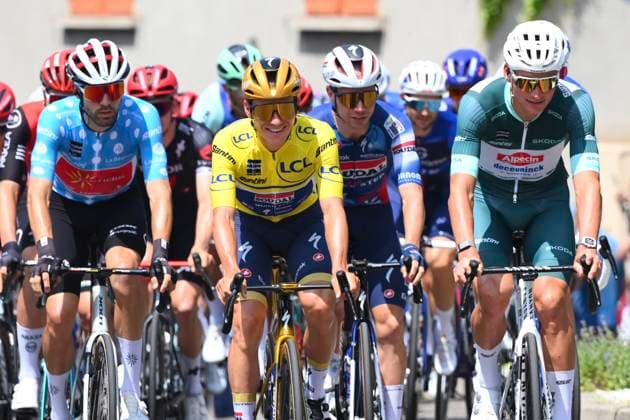Criterium du Dauphine 2025 Stage 5 MACON, FRANCE - JUNE 12 : Ourselin Paul (FRA) of Cofidis, Evenepoel Remco (BEL) of Soudal - Quick Step and Van Der Poel Mathieu (NED) of Alpecin - Deceuninck during stage 5 of the 77th edition of Criterium du Dauphine Libere an UCI World Tour 2.UWT cycling road race stage for Men Elite of 183 km with start in Saint-Priest and finish in Macon on June 12, 2025 in Macon, France, 12 06 2025 ( Motordriver Kenny Verfaillie - Macon France  Copyright: xVincentxKalutx