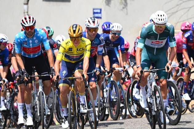 Criterium du Dauphine 2025 Stage 5 MACON, FRANCE - JUNE 12 : Ourselin Paul (FRA) of Cofidis, Evenepoel Remco (BEL) of Soudal - Quick Step and Van Der Poel Mathieu (NED) of Alpecin - Deceuninck during stage 5 of the 77th edition of Criterium du Dauphine Libere an UCI World Tour 2.UWT cycling road race stage for Men Elite of 183 km with start in Saint-Priest and finish in Macon on June 12, 2025 in Macon, France, 12 06 2025 ( Motordriver Kenny Verfaillie - Macon France  Copyright: xVincentxKalutx