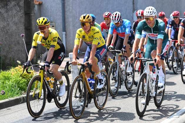 Criterium du Dauphine 2025 Stage 5 MACON, FRANCE - JUNE 12 : Campenaerts Victor (BEL) of Team Visma - Lease a Bike, Evenepoel Remco (BEL) of Soudal - Quick Step, Ourselin Paul (FRA) of Cofidis and Van Der Poel Mathieu (NED) of Alpecin - Deceuninck during stage 5 of the 77th edition of Criterium du Dauphine Libere an UCI World Tour 2.UWT cycling road race stage for Men Elite of 183 km with start in Saint-Priest and finish in Macon on June 12, 2025 in Macon, France, 12 06 2025 ( Motordriver Kenny Verfaillie - Macon France  Copyright: xVincentxKalutx