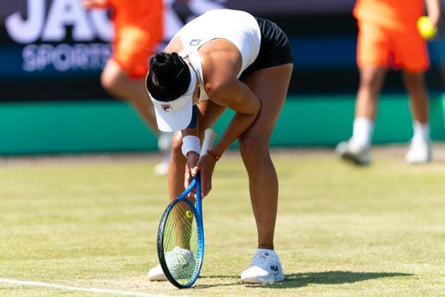 2025-06-12 2025 Libema Open Grass Court Championships ROSMALEN, NETHERLANDS - JUNE 12: Ann Li of United States of America looks dejected during Day Four of 2025 Libema Open Grass Court Championships at Autotron on June 12, 2025 in Rosmalen, Netherlands. Rosmalen Autotron Netherlands Content not available for redistribution in The Netherlands directly or indirectly through any third parties. Copyright: xJorisxVerwijstx