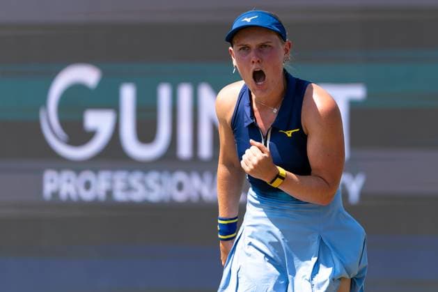 2025-06-12 2025 Libema Open Grass Court Championships ROSMALEN, NETHERLANDS - JUNE 12: Suzan Lamens of the Netherlands celebrating her sides win during Day Four of 2025 Libema Open Grass Court Championships at Autotron on June 12, 2025 in Rosmalen, Netherlands. Rosmalen Autotron Netherlands Content not available for redistribution in The Netherlands directly or indirectly through any third parties. Copyright: xJorisxVerwijstx