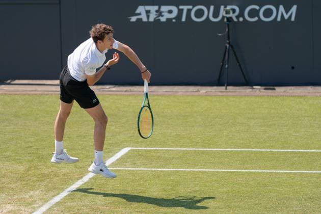 2025-06-12 2025 Libema Open Grass Court Championships Autotron ROSMALEN, NETHERLANDS - JUNE 12: Ugo Humbert of France during the 2025 Libema Open Grass Court Championships at Autotron on June 12, 2025 in Rosmalen, Netherlands. Rosmalen Autotron Netherlands Content not available for redistribution in The Netherlands directly or indirectly through any third parties. Copyright: xMarleenxFouchierx