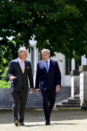 King Philippe - Filip of Belgium and Former Belgian cyclist Eddy Merckx pictured during a royal meeting on the occasion of the 80th anniversary of Belgian cycling legend Eddy Merckx, Thursday 12 June 2025, at the Royal Castle in Laken Laeken, in Brussels. DIRKxWAEM  x0822154509stx