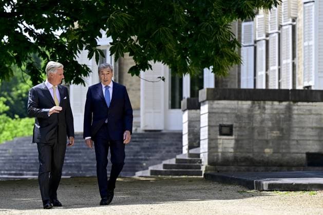 King Philippe - Filip of Belgium and Former Belgian cyclist Eddy Merckx pictured during a royal meeting on the occasion of the 80th anniversary of Belgian cycling legend Eddy Merckx, Thursday 12 June 2025, at the Royal Castle in Laken Laeken, in Brussels. DIRKxWAEM  x0822154511stx