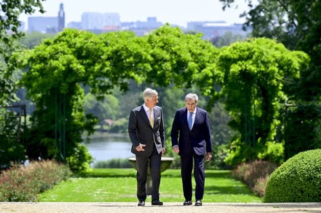 King Philippe - Filip of Belgium and Former Belgian cyclist Eddy Merckx pictured during a royal meeting on the occasion of the 80th anniversary of Belgian cycling legend Eddy Merckx, Thursday 12 June 2025, at the Royal Castle in Laken Laeken, in Brussels. DIRKxWAEM  x0822154860stx
