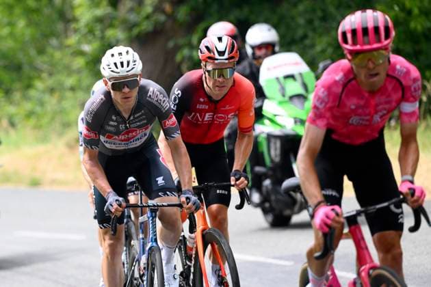 Criterium du Dauphine 2025 Stage 5 MACON, FRANCE - JUNE 12 : Bayer Tobias (AUT) of Alpecin - Deceuninck, Foss Tobias (NOR) of INEOS Grenadiers during stage 5 of the 77th edition of Criterium du Dauphine Libere an UCI World Tour 2.UWT cycling road race stage for Men Elite of 183 km with start in Saint-Priest and finish in Macon on June 12, 2025 in Macon, France, 12 06 2025 ( Motordriver Kenny Verfaillie - Macon France  Copyright: xVincentxKalutx