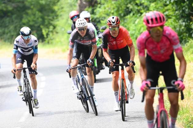 Criterium du Dauphine 2025 Stage 5 MACON, FRANCE - JUNE 12 : Muhlberger Gregor (AUT) of Movistar Team, Bayer Tobias (AUT) of Alpecin - Deceuninck, Foss Tobias (NOR) of INEOS Grenadiers during stage 5 of the 77th edition of Criterium du Dauphine Libere an UCI World Tour 2.UWT cycling road race stage for Men Elite of 183 km with start in Saint-Priest and finish in Macon on June 12, 2025 in Macon, France, 12 06 2025 ( Motordriver Kenny Verfaillie - Macon France  Copyright: xVincentxKalutx