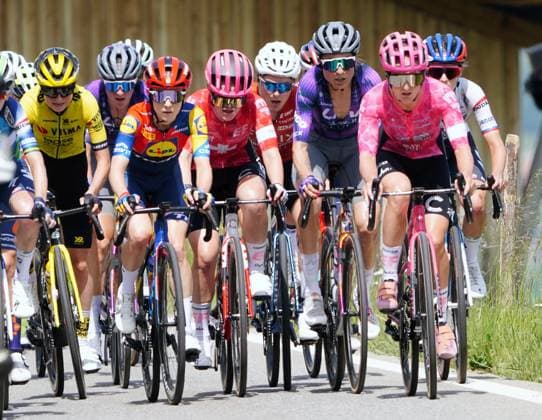 12 06 2025 Tour de Suisse Women 1 stage Gstaad Gstaad Picture The riders with Elisa Balsamo ITA Team Lidl Trek and Noemi Ruegg SUI Team EF Education Oatli on the ascent to the Jaun Pass